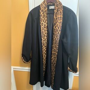 Mystic black wool leopard trim swing coat